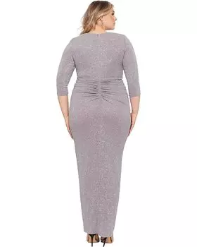 Платье Betsy & Adam Plus Size 3/4 Sleeve V-Neck Rouched Glitter Gown, цвет Granite