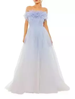 Платье без бретелек из перьев и тюля Mac Duggal, цвет blue ombre