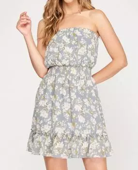 Платье без бретелек с цветочным принтом Audrey в сине-сером цвете SHE + SKY