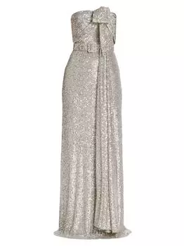 Платье без бретелек с пайетками и бантом Badgley Mischka, серебряный