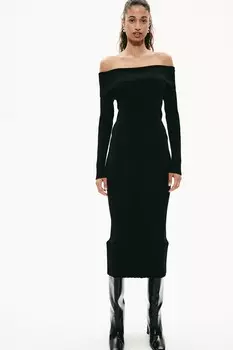 Платье без плеч из трикотажа в рубчик H&M, черный