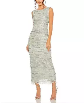Платье без рукавов Mac Duggal с бахромой и кристаллами, зеленый
