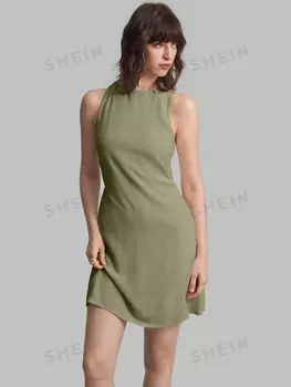 Платье без рукавов, Однотонный цвет, минималистичный стиль, повседневный Женский наряд Ontre, зеленый