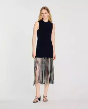 Платье без рукавов с бахромой Sandro, черный