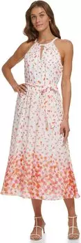 Платье без рукавов с бретелькой и замочной скважиной DKNY, цвет Ivory/Tangerine Multi
