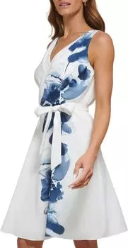 Платье без рукавов с цветочной каймой и поясом DKNY, цвет Ivory/Spring Navy Multi