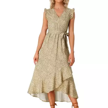 Платье без рукавов с цветочным принтом для женщин, сарафан миди с V-образным вырезом и поясом, оборками ALLEGRA K, желтый