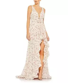 Платье без рукавов с цветочным принтом и оборками Mac Duggal, розовый