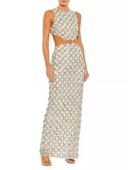 Платье без рукавов с пайетками и вырезами Mac Duggal, цвет Nude Silver