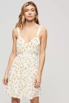 Платье без рукавов с V-образным вырезом и кружевной отделкой Superdry, белый