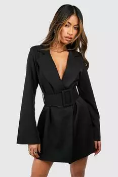 Платье-блейзер с массивным поясом и расклешенными рукавами boohoo, черный