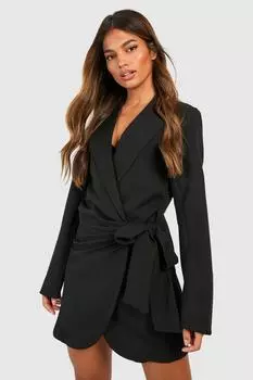 Платье-блейзер строгого кроя с запахом и драпировкой спереди boohoo, черный