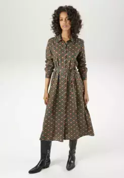 Платье-блузка Aniston CASUAL (со съемным поясом) с оригинальным цветным ретро-принтом - НОВАЯ КОЛЛЕКЦИЯ, цвет Petrol-Dunkelbraun-Hellbraun-Schwarz-Wollwei