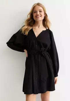 Платье-блузка EMBROIDERED BELTED MINI New Look, черный