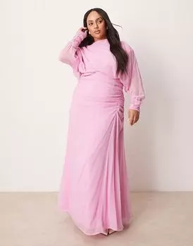 Платье-блузон макси ASOS DESIGN Curve с оборками розового цвета ASOS Curve
