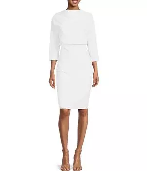 Платье-блузон с драпированным вырезом «лодочка» и рукавами 3/4 Belle Badgley Mischka, слоновая кость