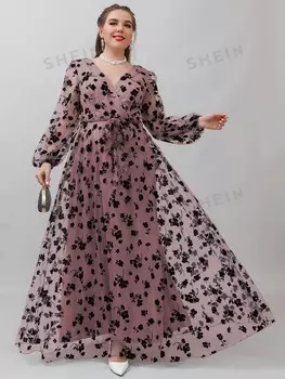 Платье больших размеров Belle, контрастный цветочный узор, сетчатая ткань, Длинные бретели Shein, пастельно-розовый