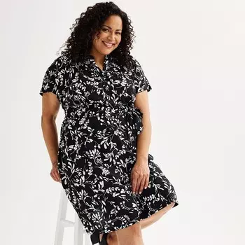 Платье больших размеров Croft & Barrow с присборенными пуговицами и завязкой на талии, с короткими рукавами, цвет Black Garden