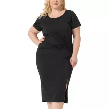 Платье больших размеров для женщин, платья с круглым вырезом и узлом спереди, с короткими рукавами и боковым разрезом Agnes Orinda, черный