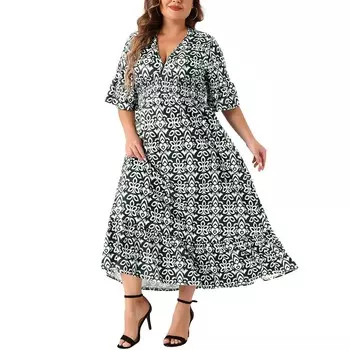 Платье больших размеров для женщин, рукав-колокольчик, рюшами, подол, V-образный вырез, короткие платья в стиле бохо, длинные платья трапециевидной формы Agnes Orinda, черный