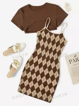 Платье больших размеров EZwear с узором аргайл, струящейся тканью и очень коротким укороченным топом Shein, мультиколор