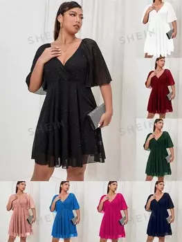 Платье больших размеров Frenchy, расклешенные рукава, круглый вырез, сетчатая ткань Shein, черный