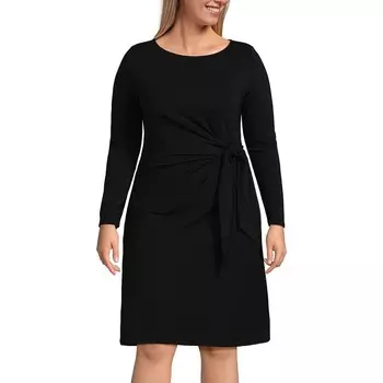 Платье больших размеров из джерси Lands' End с вырезом «лодочка» и завязкой на талии, с длинными рукавами, черный