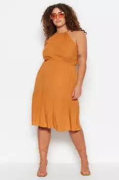 Платье больших размеров – коричневое – фигуристка Trendyol, коричневый