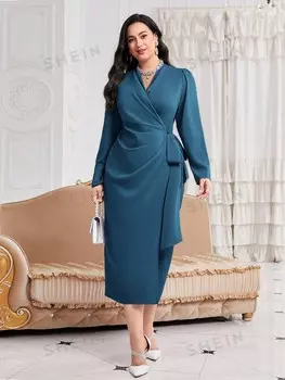 Платье больших размеров Modely, с отворотом сбоку, с узлом Shein, индиго/сине-зеленый