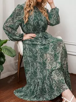 Платье больших размеров Mulvari, принт пейсли, рукава-фонарики, завязывающийся вырез, воланный низ, завязки Shein, мультиколор