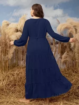 Платье больших размеров Mulvari, рукава слоновой кости, воланный низ, завязки Shein, темно-синий