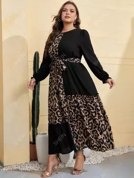 Платье больших размеров Mulvari с леопардовым принтом, рукавами с рюшами, краями с рюшами и завязками Shein, мультиколор