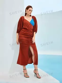 Платье больших размеров Mulvari, вырез сердечком, колор-блок Shein, ржаво-коричневый