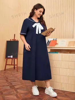 Платье больших размеров Mulvari Завязка-бантик спереди, матросский воротник, 1 шт Shein, темно-синий