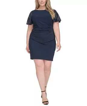 Платье больших размеров с блестящими рукавами и плиссировкой по бокам Jessica Howard, синий