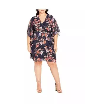 Платье больших размеров с цветным принтом и запахом CITY CHIC, синий