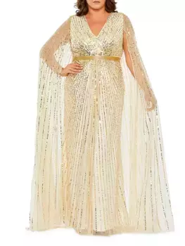 Платье больших размеров с V-образным вырезом и пайетками и рукавами-накидкой Mac Duggal, бежевый
