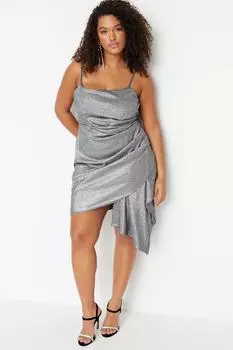 Платье больших размеров - Серый - Асимметричный Trendyol