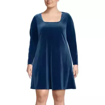Платье большого размера из трикотажного бархата с квадратным вырезом Lands' End, синий