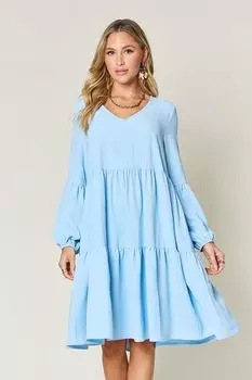 Платье большого размера с V-образным вырезом, рукавами-фонариками и карманами FASHNZFAB, светло-голубой