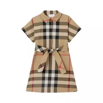Платье Burberry Kids Check Tied Waist Shirt Dress, бежевый