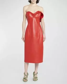 Платье-бюстье из плотной глянцевой кожи Bottega Veneta, цвет Rosso