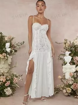 Платье-бюстье кружевное Shein с разрезом и рюшами, белый