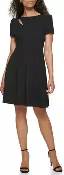 Платье Cap Sleeve Fit-and-Flare w/ Cutout Detail DKNY, черный