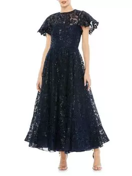 Платье чайной длины с пайетками и трапецией Mac Duggal, темно-синий