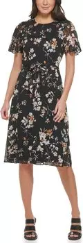 Платье Chiffon Godet Sleeve and Skirt DKNY, цвет Black Multi