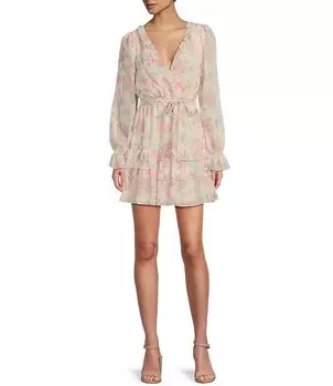 Платье City Vibe с длинными рукавами и оборками и завязками, V-образным вырезом и цветочным принтом, розовый