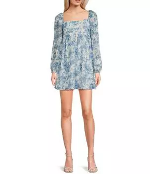 Платье City Vibe с квадратным вырезом и цветочным принтом, длинными рукавами, синий