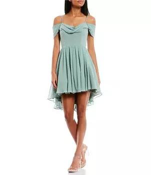 Платье City Vibe с открытыми плечами и драпировкой, высоким вырезом и расклешенным силуэтом, зеленый