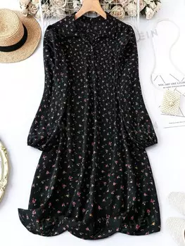 Платье Clasi Plus, мелкий цветочный узор, рукава-фонарики Shein, черный